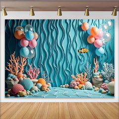 Lofaris Blue Under The Sea Birthday Backdrop with Clownfish and Coral, Colorful Balloons Ocean Theme Background for Kids Party