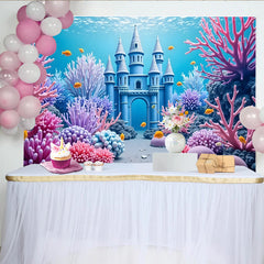 Lofaris Blue Underwater Castle Photography Backdrop with Colorful Coral, Fantasy Ocean Background for Kids Party Photoshoot