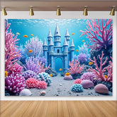 Lofaris Blue Underwater Castle Photography Backdrop with Colorful Coral, Fantasy Ocean Background for Kids Party Photoshoot