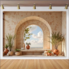 Lofaris Boho Rustic Arch Window Photography Backdrop with Potted Plants, Elegant Studio Background for Portrait Photoshoot