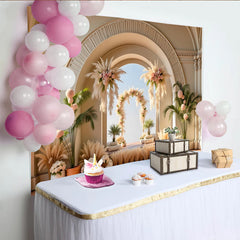Lofaris Elegant Pampas Grass Wedding Arch Backdrop with Pink Roses, Romantic Floral Background for Bridal Shower and Event Photos