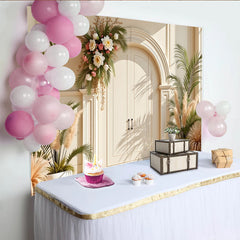 Lofaris Elegant Arch Door Floral Photography Backdrop, White Flowers and Palm Leaves Studio Background for Portraits
