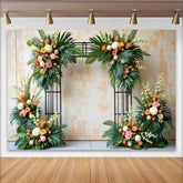 Lofaris Elegant Floral Arch Photography Backdrop with Tropical Leaves and White Orange Flowers, Beautiful Event Background for Wedding Party