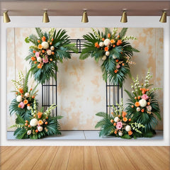 Lofaris Elegant Floral Arch Photography Backdrop with Tropical Leaves and White Orange Flowers, Beautiful Event Background for Wedding Party