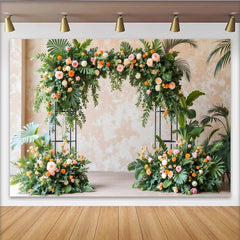 Lofaris Elegant Floral Arch Photography Backdrop with Lush Greenery, Pink Orange Flowers Studio Background for Wedding Event Decor