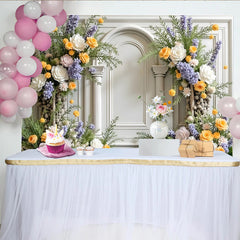 Lofaris Elegant Floral Photography Backdrop with White Arch and Columns, Pastel Flowers for Studio Photoshoot and Event Decor