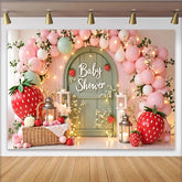 Lofaris Pink Strawberry Baby Shower Backdrop with Balloons and Arch Door, Whimsical Garden Party Background for Photoshoot and Decor