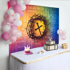 Lofaris Religious Easter Backdrop with Crown of Thorns and Cross, Christian Word Cloud Background for Church Event Photography