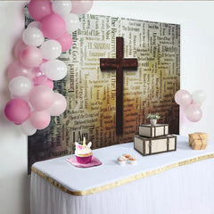 Lofaris Vintage Christian Cross Photography Backdrop with Religious Word Cloud, Spiritual Studio Background for Church Events and Portraits