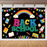 Lofaris Colorful Back To School Backdrop with Rainbow, School Bus and Books, Fun Classroom Decoration Background for Kids Photography