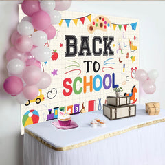 Lofaris Colorful Back To School Backdrop with Owl, Globe, and School Bus, Vibrant Cartoon Learning Theme Background for Classroom Decor