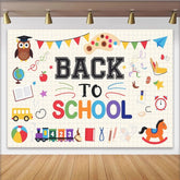 Lofaris Colorful Back To School Backdrop with Owl, Globe, and School Bus, Vibrant Cartoon Learning Theme Background for Classroom Decor