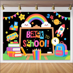 Lofaris Colorful Back To School Backdrop with Chalkboard, School Bus and Rainbow, Fun Photography Background for Kids and Classroom Decor
