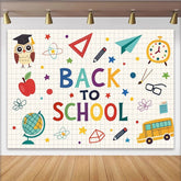 Lofaris Colorful Back To School Backdrop with Owl, Apple, and Globe, Educational Photo Background for Classroom or Kids Party Decoration