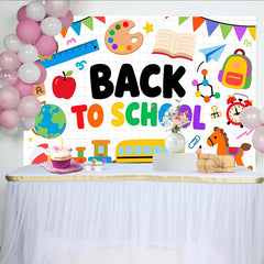 Lofaris Vibrant Back to School Backdrop with School Bus and Owl, Educational Theme Background for Classroom Decor and Kids Party