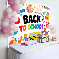 Lofaris Vibrant Back to School Backdrop with School Bus and Owl, Educational Theme Background for Classroom Decor and Kids Party