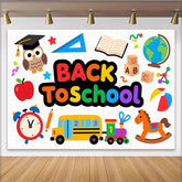 Lofaris Vibrant Back To School Backdrop with Cartoon Owl, Bus and Books, Educational Photo Background for Classroom Decor