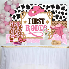 Lofaris Pink First Rodeo Birthday Backdrop with Cow Print and Cowboy Hat, Western Party Photography Background for Girls