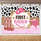 Lofaris Pink First Rodeo Birthday Backdrop with Cow Print and Cowboy Hat, Western Party Photography Background for Girls
