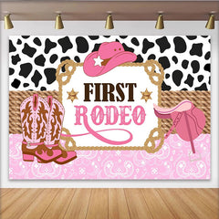 Lofaris Pink First Rodeo Birthday Backdrop with Cow Print and Cowboy Hat, Western Party Photography Background for Girls