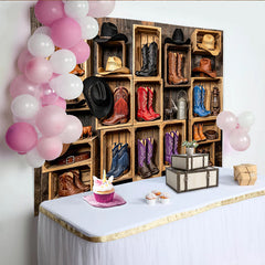 Lofaris Rustic Western Photography Backdrop with Cowboy Boots and Hats in Wooden Crates, Vintage Studio Background for Photo Booth Props