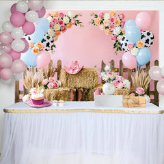 Lofaris Pink Cowgirl Birthday Backdrop with Balloons, Flowers and Hay Bales, Western Farm Photo Booth Background for Party Decor