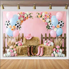 Lofaris Pink Cowgirl Birthday Backdrop with Balloons, Flowers and Hay Bales, Western Farm Photo Booth Background for Party Decor
