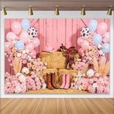 Lofaris Pink Cowgirl Birthday Backdrop with Balloons, Flowers and Hay Bales, Western Rodeo Party Decor for Girls Photoshoot