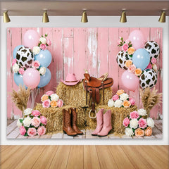 Lofaris Pink Western Cowgirl Birthday Backdrop with Hay Bales and Balloons, Chic Ranch Photo Background for Girls Party Decoration