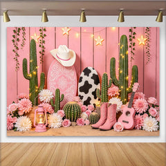 Lofaris Pink Western Photography Backdrop with Cowboy Hat, Boots and Cacti, Floral Cow Print for Girl's Party Photoshoot Decor