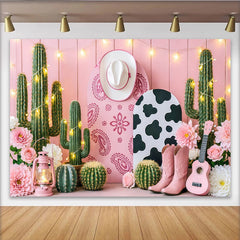 Lofaris Pink Western Cowgirl Photography Backdrop with Cactus and Flowers, Rustic Desert Photo Background for Studio and Party Decor