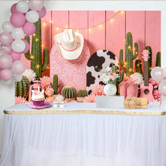 Lofaris Pink Western Cowgirl Photography Backdrop with Cactus, Boots and Hat, Rustic Wood Background for Studio Photoshoot and Party Decor
