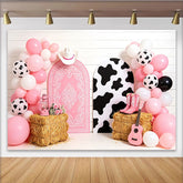 Lofaris Pink Cowgirl Birthday Backdrop with Balloons and Cow Print Arches, Western Themed Photo Background for Girls Party Decoration