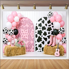 Lofaris Pink Cowgirl Birthday Backdrop with Cow Print and Paisley Arches, Western Themed Party Decoration for Girls Photoshoot