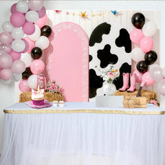 Lofaris Pink Cow Print Cowgirl Birthday Backdrop with Balloons and Boots, Farm Party Photo Booth Background for Girls Celebration