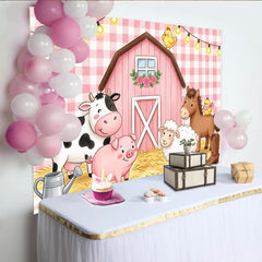 Lofaris Pink Gingham Farm Animal Birthday Backdrop with Barn and Lights, Adorable Photo Booth Props for Kids Party Decoration
