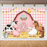 Lofaris Pink Gingham Farm Animal Birthday Backdrop with Barn and Lights, Adorable Photo Booth Props for Kids Party Decoration