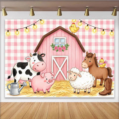Lofaris Pink Gingham Farm Animal Birthday Backdrop with Barn and Lights, Adorable Photo Booth Props for Kids Party Decoration