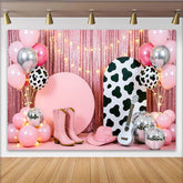 Lofaris Pink Cowgirl Birthday Backdrop with Disco Balls and Balloons, Western Party Background for Photoshoot Decor