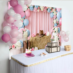 Lofaris Pink Blue Floral Western Gender Reveal Baby Shower Backdrop with Cowboy Hat and Boots, Rustic Photography Background for Party Decor