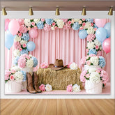 Lofaris Pink Blue Floral Western Gender Reveal Baby Shower Backdrop with Cowboy Hat and Boots, Rustic Photography Background for Party Decor