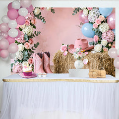 Lofaris Pink Cowgirl Baby Shower Backdrop with Floral Balloons and Hay Bale, Rustic Western Photography Background for Gender Reveal Party