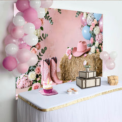 Lofaris Pink Cowgirl Baby Shower Backdrop with Floral Balloons and Hay Bale, Rustic Western Photography Background for Gender Reveal Party