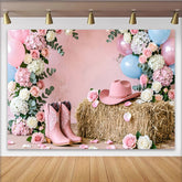 Lofaris Pink Cowgirl Baby Shower Backdrop with Floral Balloons and Hay Bale, Rustic Western Photography Background for Gender Reveal Party