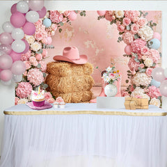 Lofaris Pink Cowgirl Floral Baby Shower Backdrop with Hay and Boots, Elegant Western Party Background for Girls Photoshoot Decor