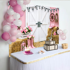 Lofaris Pink Cowgirl Birthday Backdrop with Barn Doors, Hay Bales and Roses, Western Party Photography Background for Girls