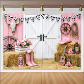 Lofaris Pink Cowgirl Birthday Backdrop with Barn Doors, Hay Bales and Roses, Western Party Photography Background for Girls