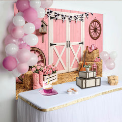Lofaris Pink Western Barn Backdrop with Cow Print Bunting, Rustic Farmhouse Background for Girls Birthday Party or Studio Photos