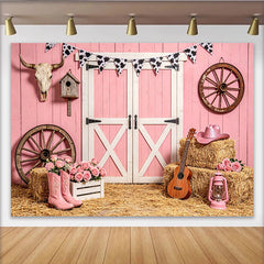 Lofaris Pink Western Barn Backdrop with Cow Print Bunting, Rustic Farmhouse Background for Girls Birthday Party or Studio Photos