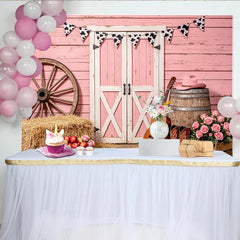 Lofaris Pink Western Barn Photography Backdrop with Cow Print Bunting, Rustic Farm Photo Background for Studio Photoshoot and Party Decor